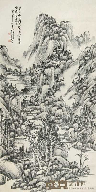 吴待秋 乙丑（1925年）作 溪山白云 立轴 134×68cm